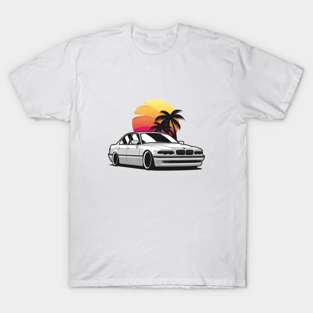 White E38 classic saloon in sunset T-Shirt by KaroCars